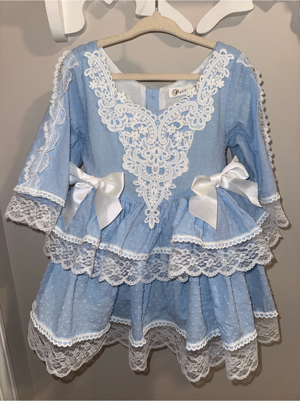 Light Blue Lace Tiered Dress with White Bows